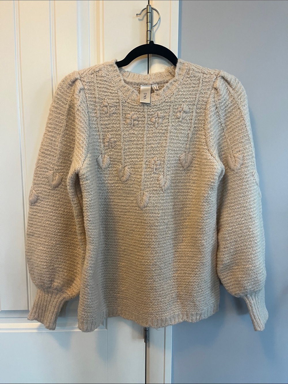Y.A.S Cream Beige Chunky Knit Textured Puff Sleeve Sweater XS